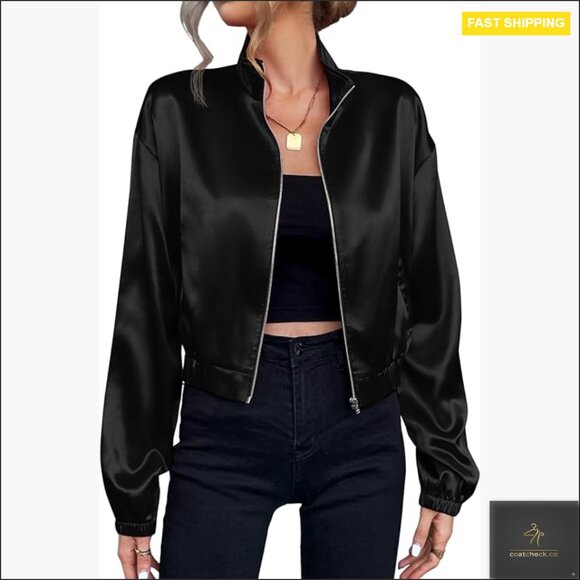 Satin Bomber Jacket Drop Shoulder Long Sleeve Zip Up Lightweight Outerwear